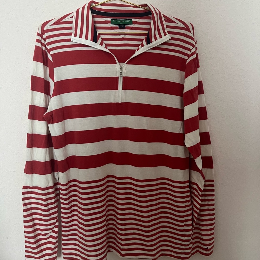 Tommy Hilfiger golf striped quarter zip long sleeve shirt in red and white